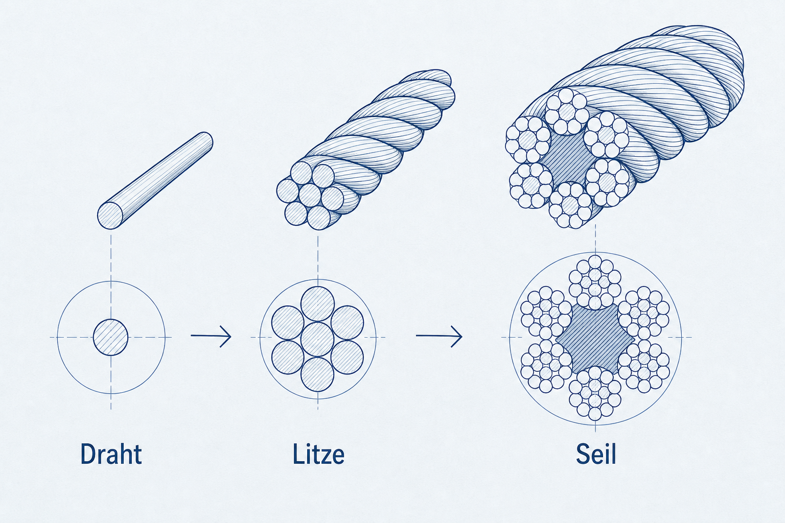 Illustration von Draht, Litze und Seil